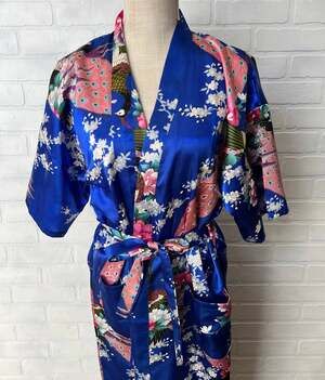 Women's Satin Royal Blue Pink and Cream Floral Bird Kimono Robe Knee Length
